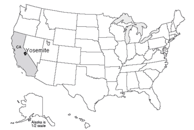Map of U.S. with Yosemite National Park highlighted mid-way along the eastern border of California. 